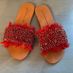 Lightly worn free people red sequin beaded red sandals sz 37 7-7.5